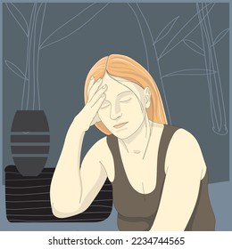 Portrait of a middle-aged woman. Tired, resting, thoughtful figure with head resting on hand. Hand drawn vector illustration.