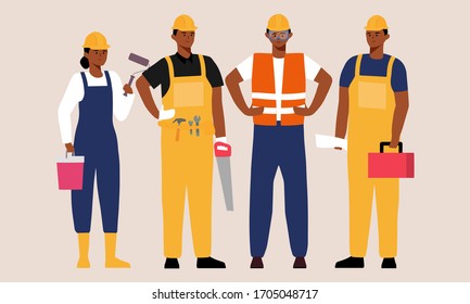 Portrait Of Migrant Workers. Black People Construction Team. Labor Group Workers In Dark Skin Cartoon Character Illustration. Set Of Professional Workers. Celebrate Labor Day Flat Vector Design.
