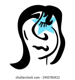 Portrait in minimal line style for the logo, emblem template isolated on white background.  Quick sketch of woman's face on white background.