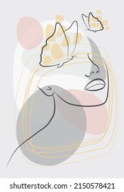 Portrait in a minimalist style. Botanical prints. An abstract face with a butterfly drawn with a single line. The modern art of the continuous line. Fashionable print.