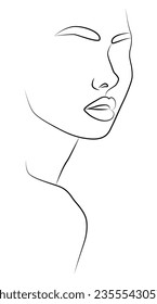 Portrait. Minimalistic silhouette of a female face. Black and white. White background. Drawing a single line.