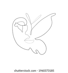 Portrait minimalistic style. Half of the face is female, half of the face is a butterfly wing. Beauty concept. lashes follow contour of butterfly's wing. The woman inside