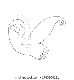 Retrato de estilo minimalista. La mitad de la cara es femenina, la mitad de la cara es un ala de mariposa. Concepto de belleza. los latigazos siguen el contorno del ala de la mariposa. La mujer adentro