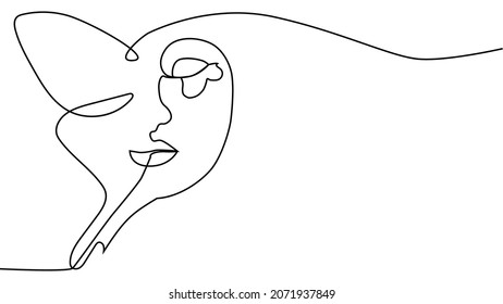 Portrait minimalistischer Stil. Die Hälfte des Gesichts ist weiblich, die Hälfte des Gesichts ist ein Schmetterlingsflügel. Schönheitskonzept. Streichhölzer folgen dem Flügel des Schmetterlings. Die Frau drinnen