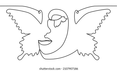 Portrait minimalistic style. Half of the face is female, half of the face is a butterfly wing. Beauty concept. lashes follow contour of butterfly's wing. The woman inside