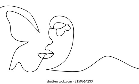 Retrato de estilo minimalista. La mitad de la cara es femenina, la mitad de la cara es un ala de mariposa. Concepto de belleza. los latigazos siguen el contorno del ala de la mariposa. La mujer adentro