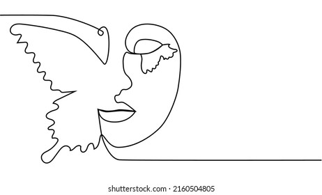 Portrait Minimalistic Style. Half Of The Face Is Female, Half Of The Face Is A Butterfly Wing. Beauty Concept. Lashes Follow Contour Of Butterfly's Wing. The Woman Inside