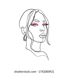 Portrait model girl with pink eyeshadows. Beautiful linear woman with make up and earring jewelry. One continuous line. Minimal female face silhouette. Logo makeup artist, beauty salon. 