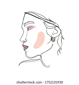 Portrait model girl with pink eyeshadows. Beautiful linear woman with make up and earring jewelry. One continuous line. Minimal female face silhouette. Logo makeup artist, beauty salon. 