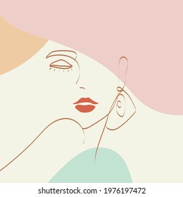 Portrait of a model in a hat drawn in a minimalist style with abstract memphis art. Classic vogue fashion style. Elegant graphic. Beautiful woman in hat.