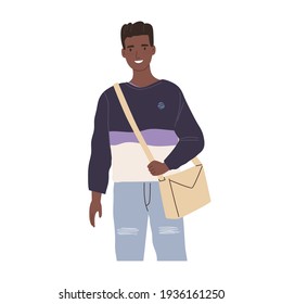 Portrait of modern African student. Happy young black-skinned man wearing casual clothing and crossbody bag. Colored flat vector illustration of smiling guy isolated on white background