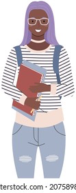 Portrait of modern black-skinned student of university. Happy young african woman wearing trendy casual clothing and backpack. Diverse college, university female student with notebooks studying