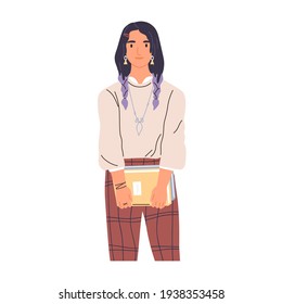 Retrato de estudiante universitario moderno con libros. Estudiante de secundaria con libros de texto en mano. Ilustración vectorial plana de color del adolescente de moda aislado en fondo blanco