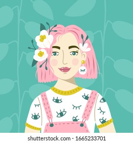Portrait of a modern girl with pink hair with flowers in her hair. Mint floral background. Vector flat illustration.