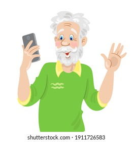 Portrait of a modern grandfather with a smartphone in his hand. Takes a selfie. The senior man is a blogger. In cartoon style. Isolated on white background. Vector flat illustration