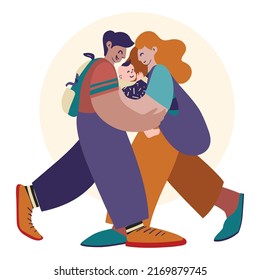 Portrait of modern happy young family with baby in sling