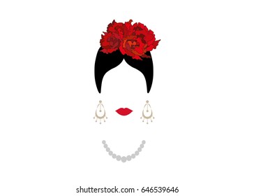  Portrait of modern Latin or Spanish woman, Lady with pearl necklace and red flowers ,Icon isolated, Vector illustration transparent background