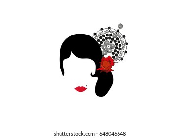 Portrait Of Modern Latin Or Spanish Woman, Lady With Accessories And Red Rose ,Icon Isolated, Vector Illustration Transparent Background