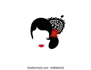 Portrait of modern Latin or Spanish woman, Lady with accessories and red rose ,Icon isolated, Vector illustration transparent background