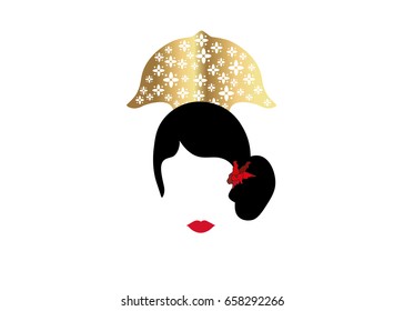Portrait of modern Latin or Spanish woman, Lady with gold accessories and red rose ,Icon isolated, Vector illustration transparent background