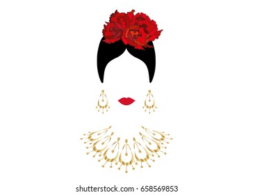 Portrait of modern Latin or Spanish woman, Lady with gold necklace crafts and red flowers , Icon isolated, Vector illustration transparent background