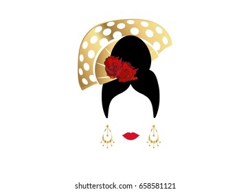 Portrait of modern Latin or Spanish woman dancer , Lady with gold accessories peineta and red flower ,Icon isolated, Vector illustration transparent background