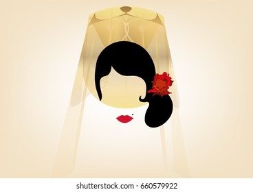 Portrait of modern Latin or Spanish woman, Lady with veil and accessories peineta and red rose , dancer flamenco . Icon isolated, Vector illustration transparent background