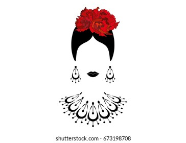 Portrait of modern Latin or Spanish woman , Lady with necklace crafts and red flowers , Icon isolated, Vector illustration transparent background