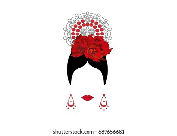 Portrait Of Modern Latin Or Spanish Woman, Lady With Accessories Peineta And Red Flower , Icon Isolated, Vector Illustration Transparent Background