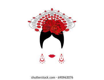 Portrait of modern Latin or Spanish woman, Lady with Craft accessories and red flower , Icon isolated, flamenco dancer, Vector illustration transparent background