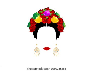 Portrait of modern Mexican or Spanish woman , With flower crowns and precious golden earrings. Vector isolated or white background 