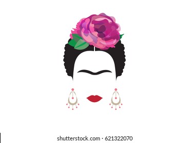 Portrait of modern Mexican or Spanish woman, minimal Frida , Vector illustration transparent background