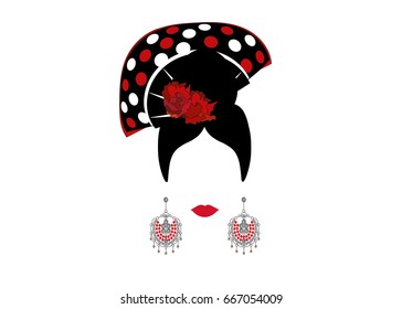 Portrait of modern Mexican or Spanish woman whit Craft accessories and red pois , beauty concept, logo Vector illustration