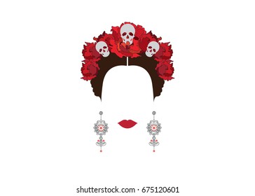 Portrait of modern Mexican or Spanish woman , With flower crowns and skulls, Mexican crafts earrings , Vector transparent background