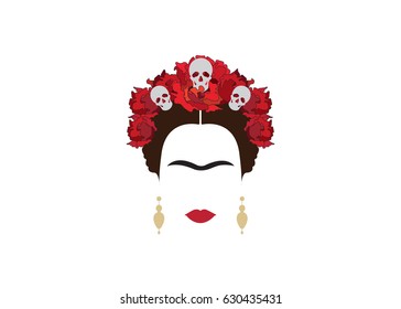 portrait of modern Mexican woman with skull and red flower, inspiration Santa Muerte in Mexico and Frida, vector illustration isolated