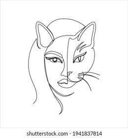 Portrait in einer modernen einzeiligen Kunst einer Katze und einer Frau einzeln auf weißem Hintergrund. Handgezeichnete, kontinuierliche Kunstvektorgrafik. Kontinuierliche Zeichnung einer Linie.