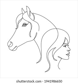 Portrait in a modern one line art of a horse and a woman isolated on white background. Hand drawn continuous line art vector illustration. Continuous one line drawing.