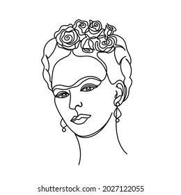 Portrait in a modern one line art of Frida Kahlo with roses in a hair isolated on white background. Hand drawn continuous line art vector illustration. Continuous one line drawing.