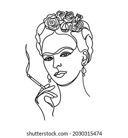 Portrait in a modern one line art of Frida Kahlo with roses in a hair isolated on white background. Hand drawn continuous line art vector illustration. Continuous one line drawing.