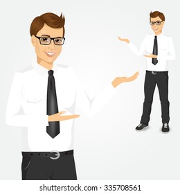 portrait of modern young businessman with glasses showing something isolated over white background