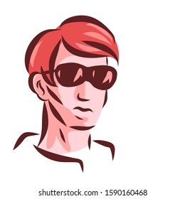 Portrait of a modern young man. There are dark sunglasses on the face. Vector isolated illustration about sport and tourism.
