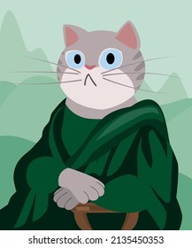 Portrait Mona Lisa as an Cat. Remake of Leonardo da Vinci painting. Vector flat illustration. Mona Cat for printing, t-shirt design, gift cards.