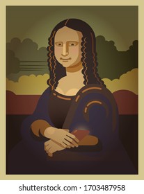 Portrait of Mona Lisa Leonardo da Vinci. Mona Lisa holds a smartphone