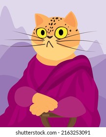 Portrait Mona Lisa as an Yellow Cat. Remake of Leonardo da Vinci painting. Vector flat illustration. Mona Cat for printing, t-shirt design, gift cards.