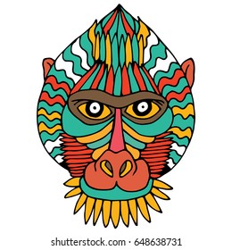 Portrait Monkey. Doodle Cartoon Face of Primate on White Background. Hand Drawn illustration.