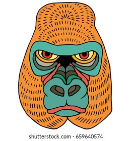 Portrait Monkey. Doodle Cartoon Face of Primate on White Background. Hand Drawn illustration.