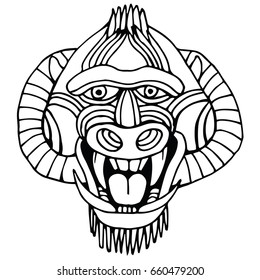 Portrait Monkey. Doodle Cartoon Face of Primate on White Background. Hand Drawn Black and White illustration.