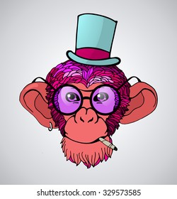 Portrait of a monkey with pink hair in a hat and a cigarette, vector illustration. 