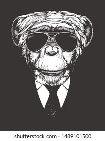 Portrait of Monkey in suit. Hand-drawn illustration. Vector