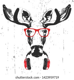 Portrait of Moose with glasses and headphones. Hand-drawn illustration. T-shirt design. Vector